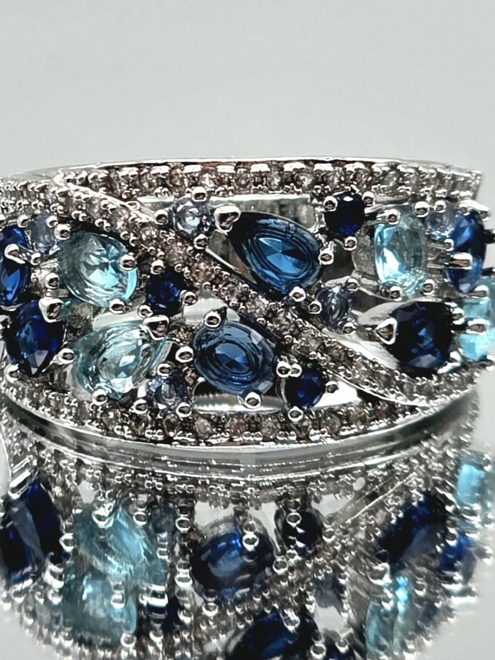 Silver-Filled Blue Multi-Gemstone Zircon Ring Size 7